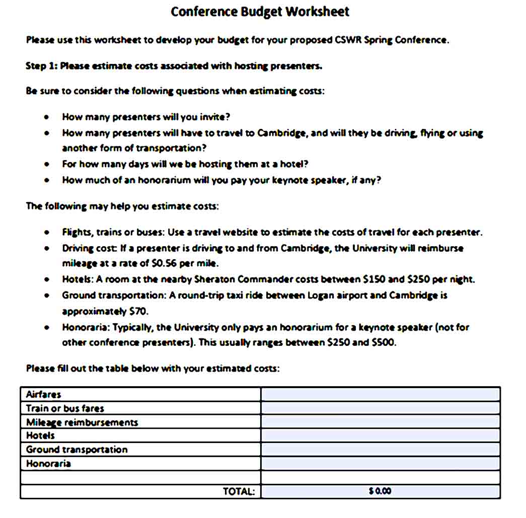 Conference Budget Worksheet 1