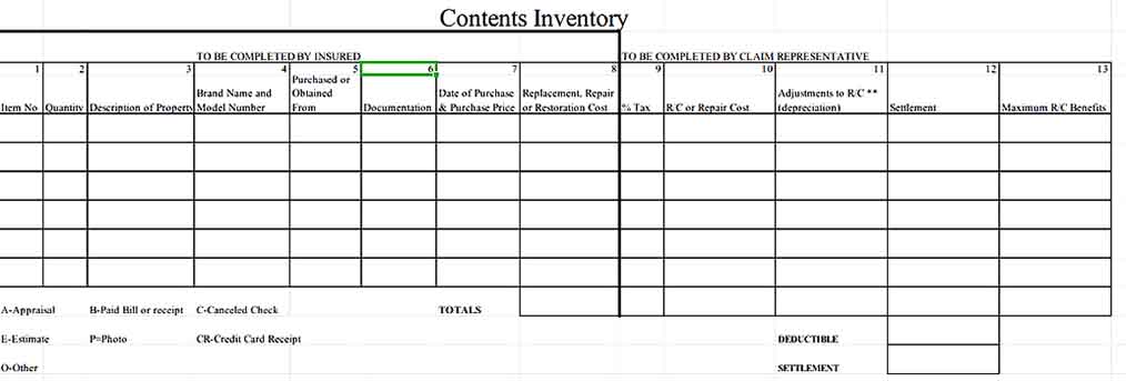 Contents Inventory Form Free Download