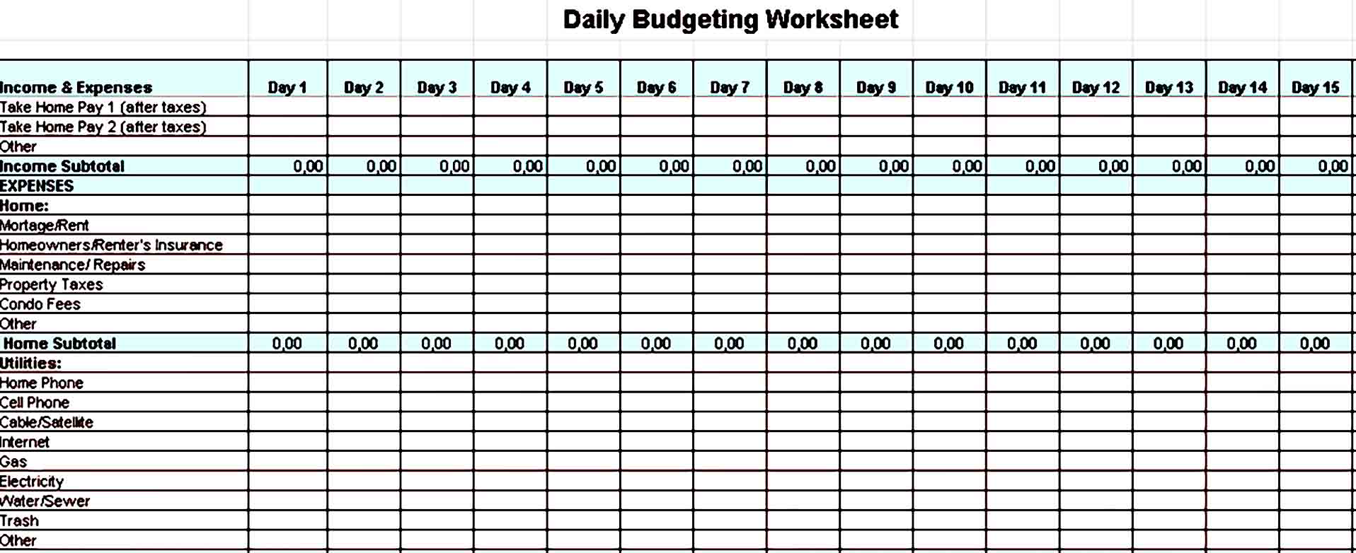 Daily Home Budget Template Excel