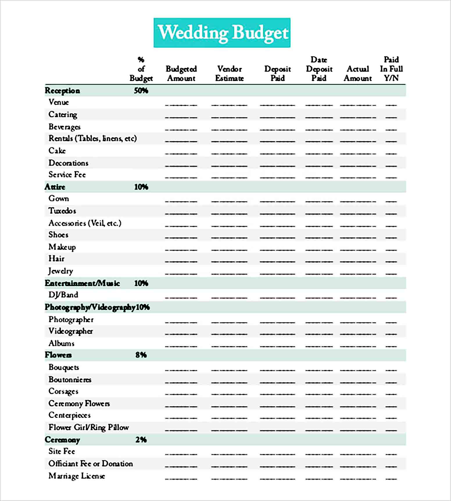 Editable Wedding Budget planner Free Download