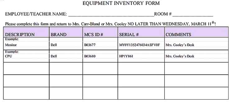 Equipment Inventory Form Sample Template
