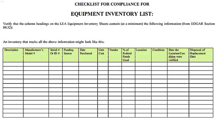 Equipment Inventory List Templates Sample