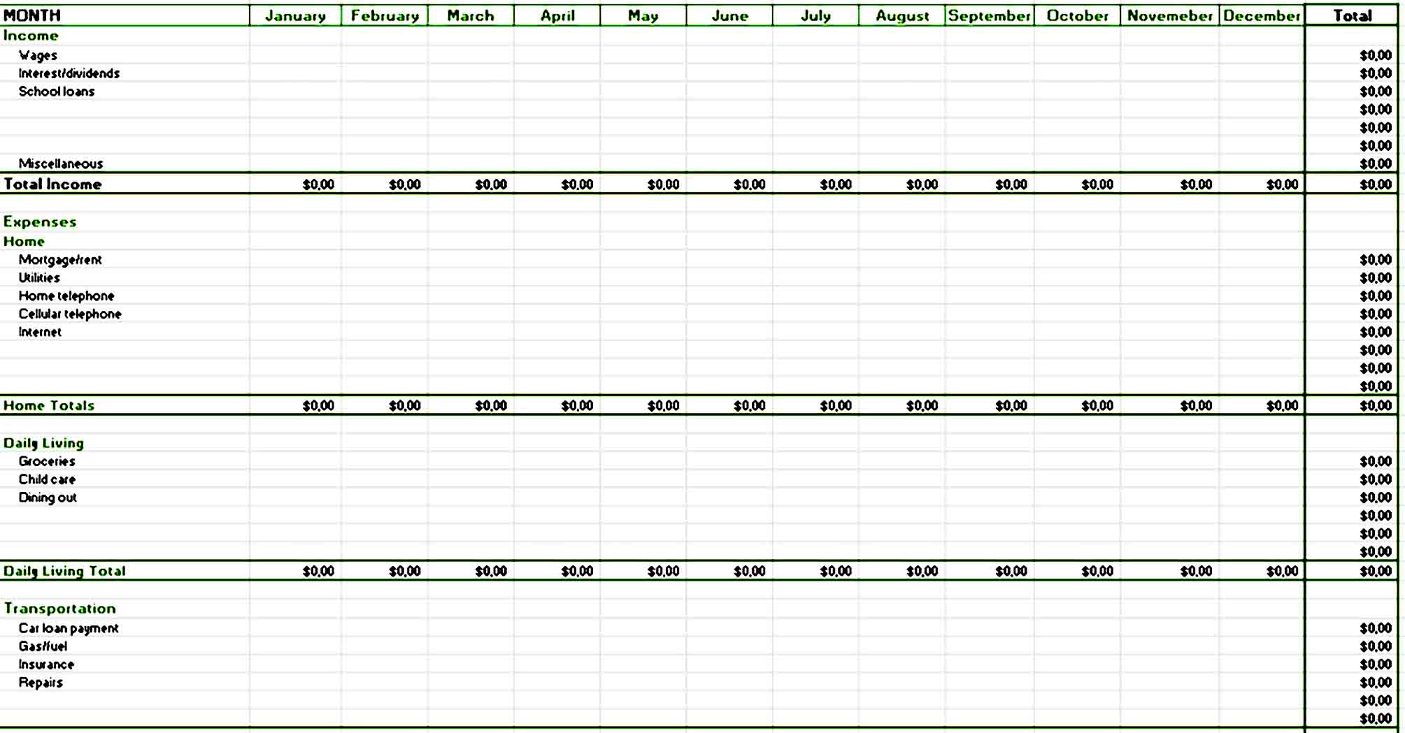 Excel Annual Home Budget Template