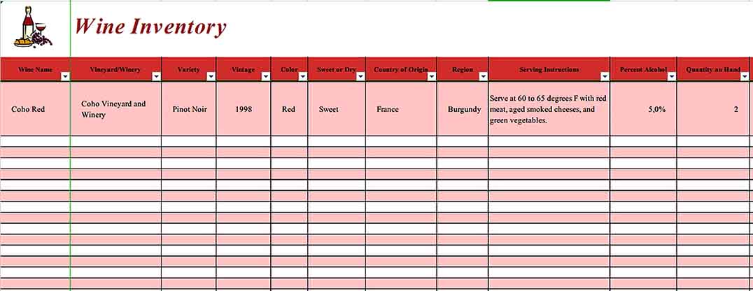 Excel Wine Inventory 1 Templates Sample