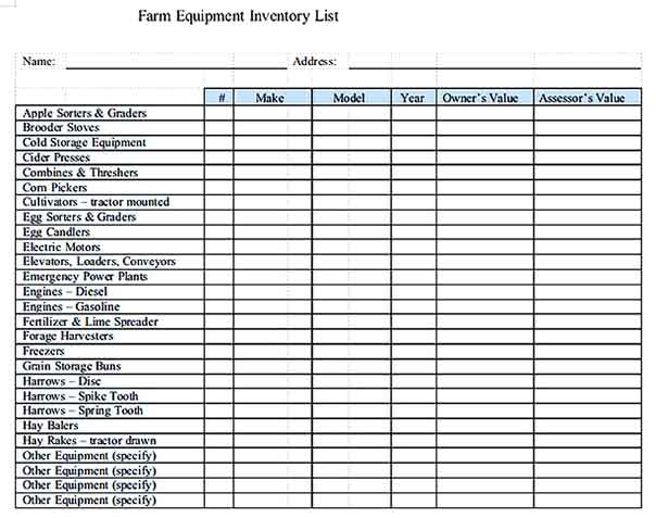 Farm Equipment Inventory List Templates Sample