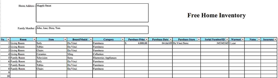 Free Home Inventory Form In Excel Format1