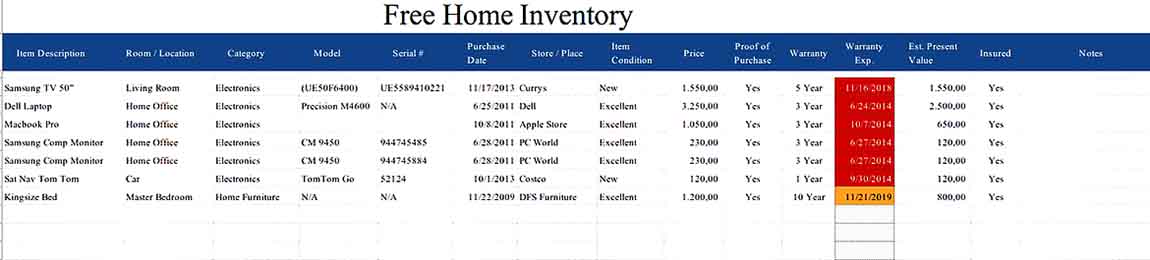 Free Home Inventory Spreadsheet Excel Download