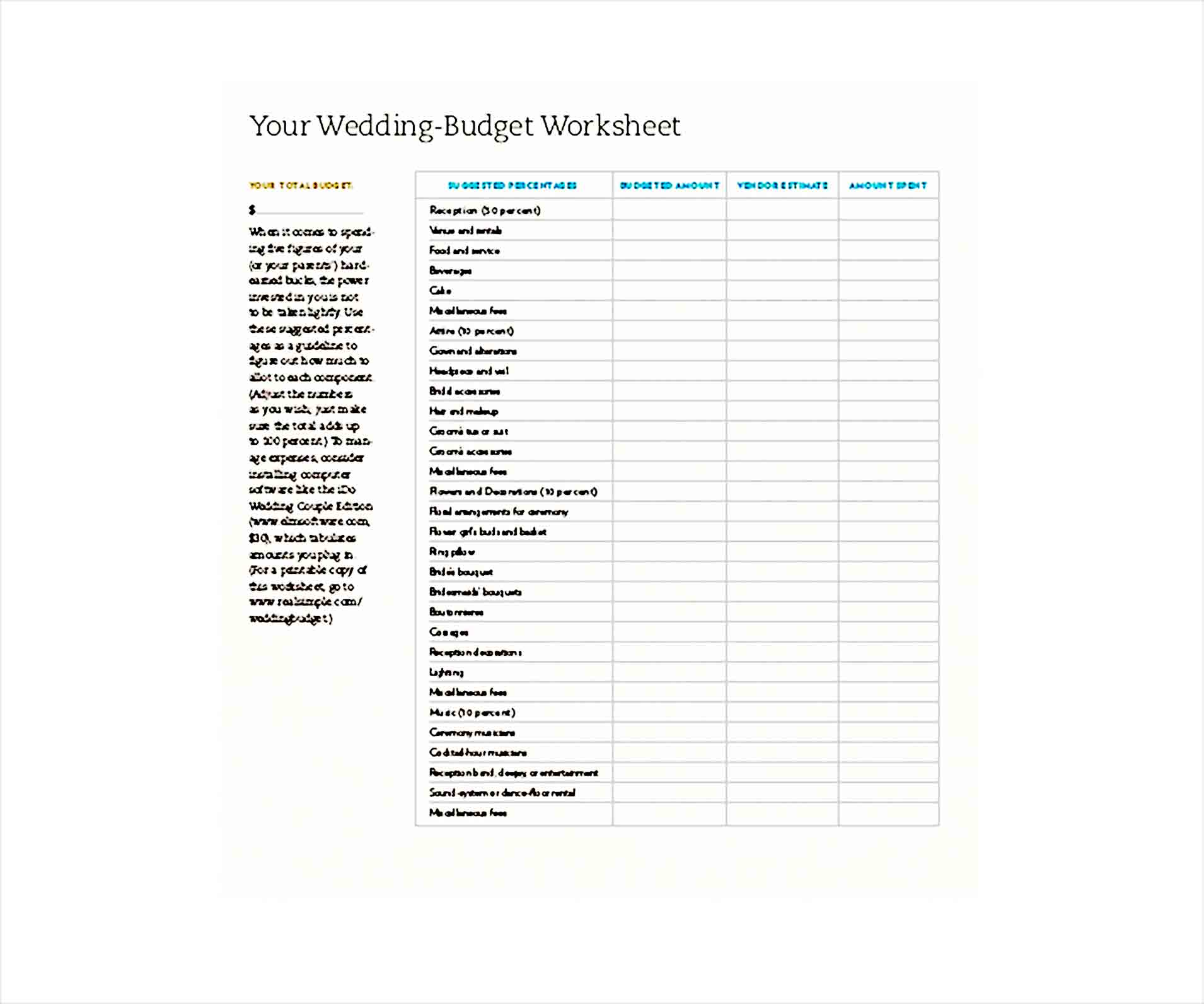 Free Wedding Budget Worksheet PDF