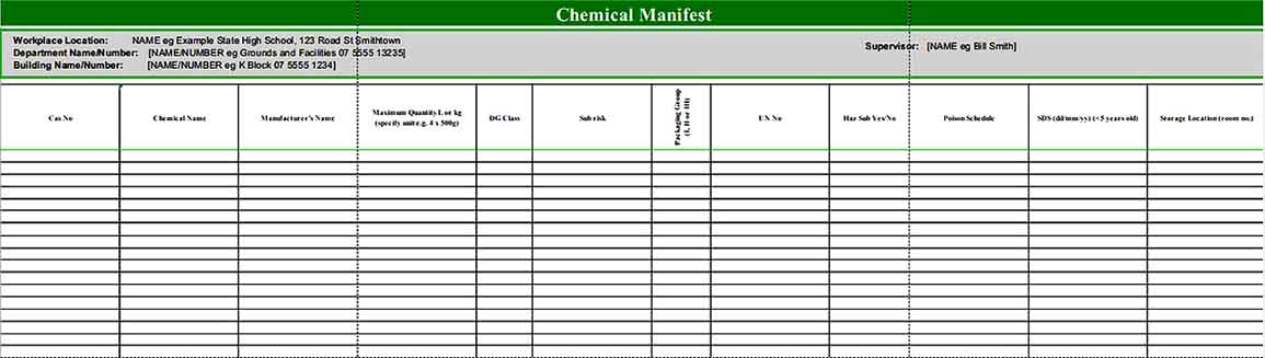 Hazardous Chemical Register Inventory Sheet 1