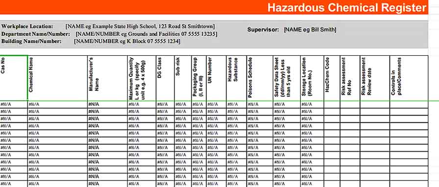 Hazardous Chemical Register Inventory Sheet 2