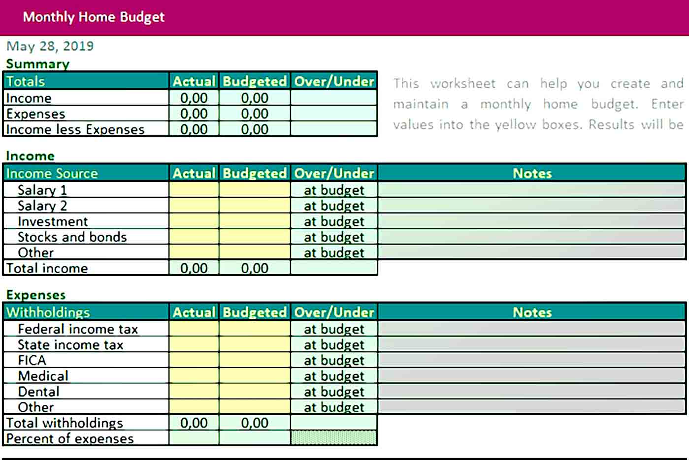 Home Monthly Budget Template Excel