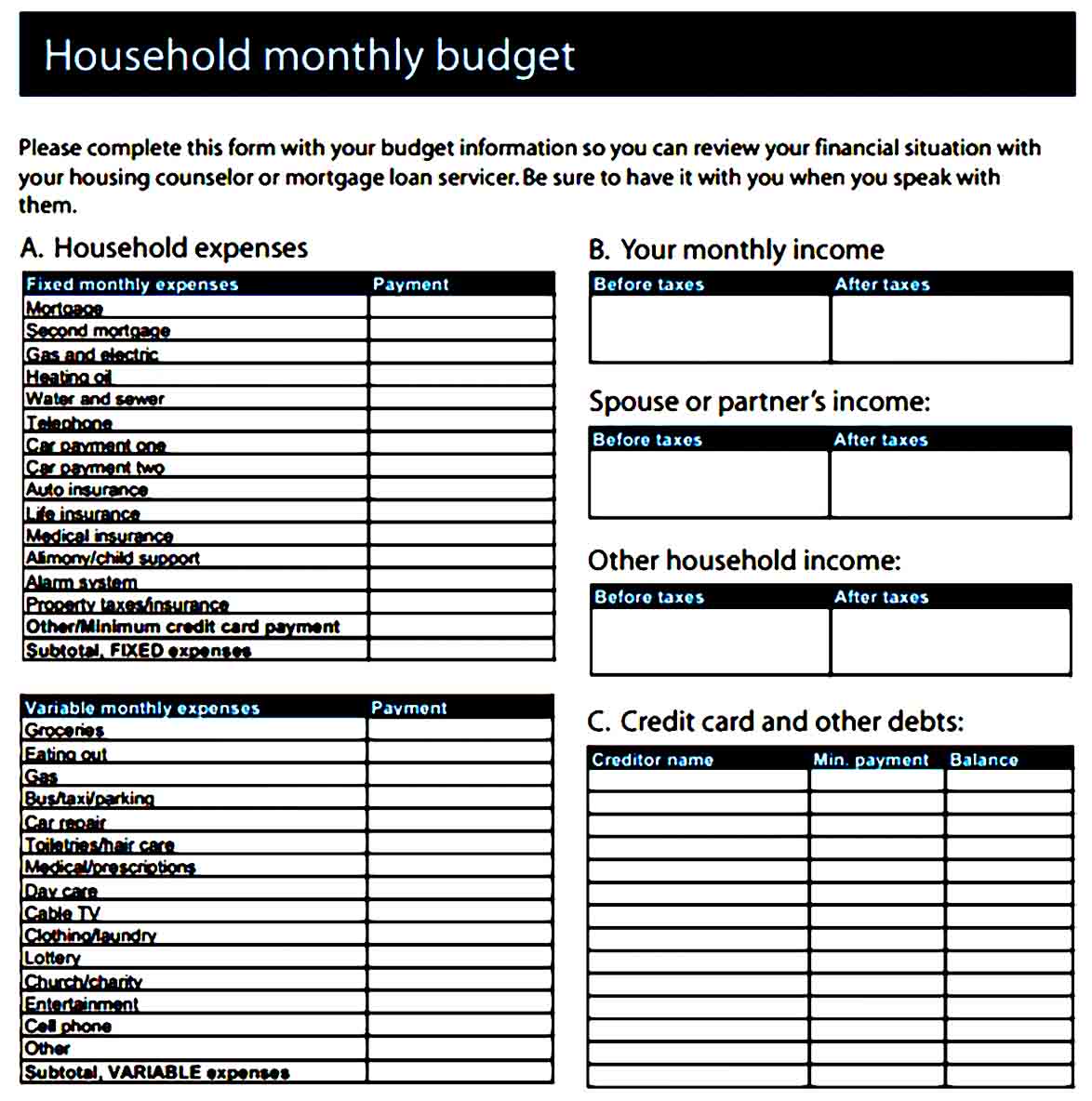 Home Monthly Budget