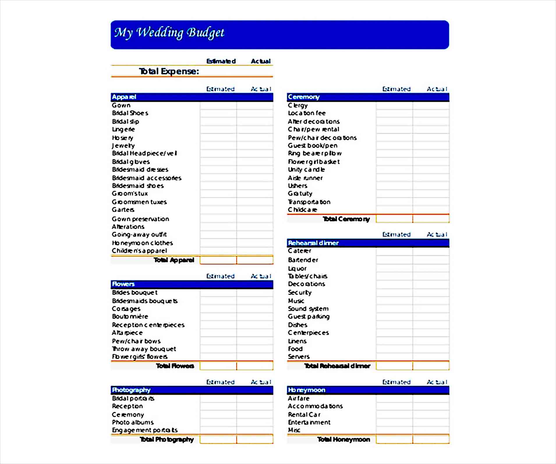 Printable Wedding Budget Template 1