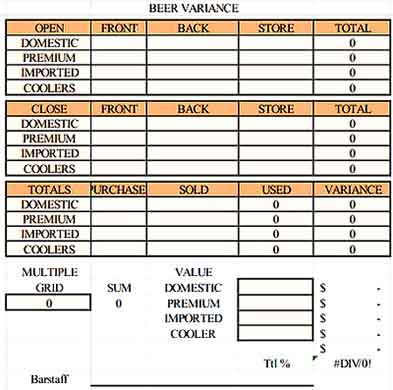 Restaurant Beer Variance Inventory spreadsheet Templates Sample