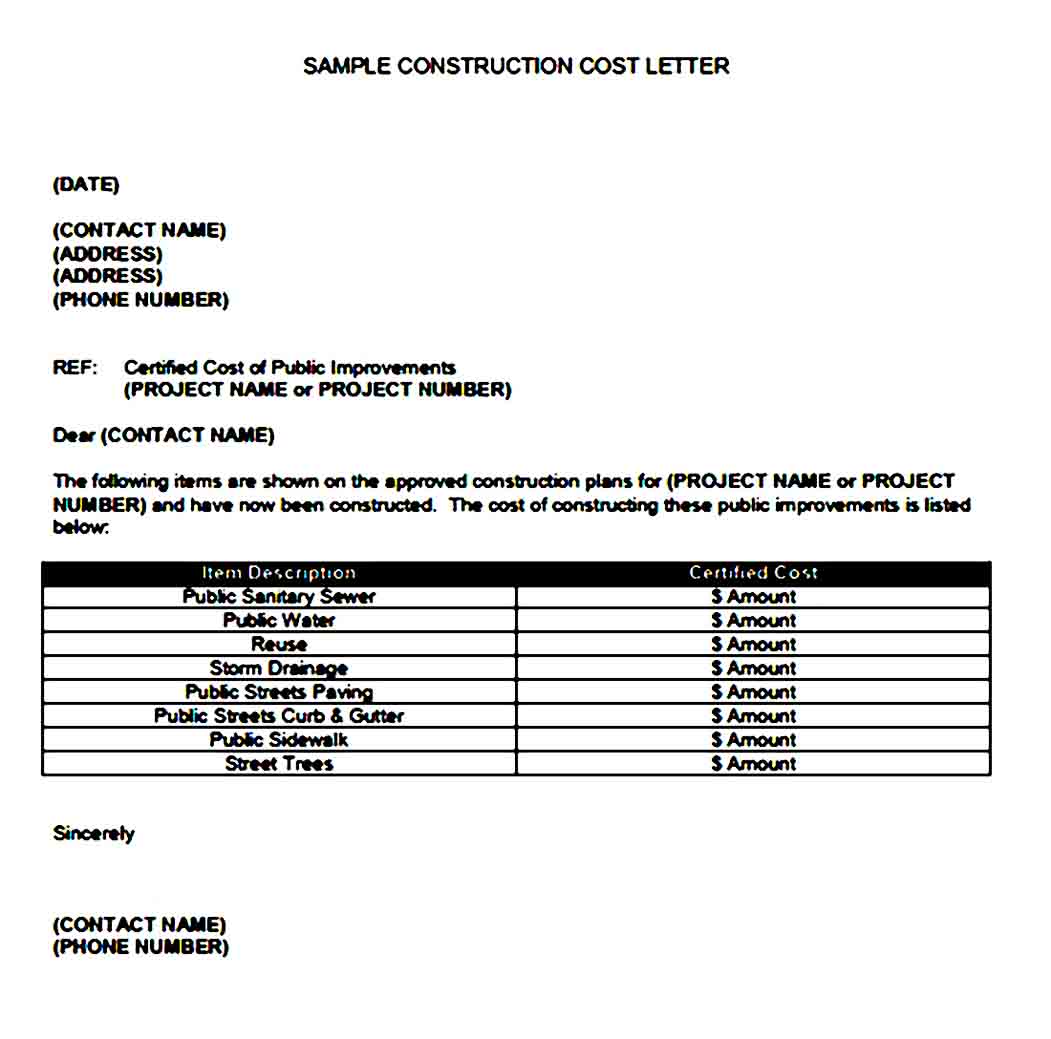 Sample Construction Cost Letter
