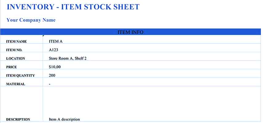 Sample Content Inventory Stock Control Template