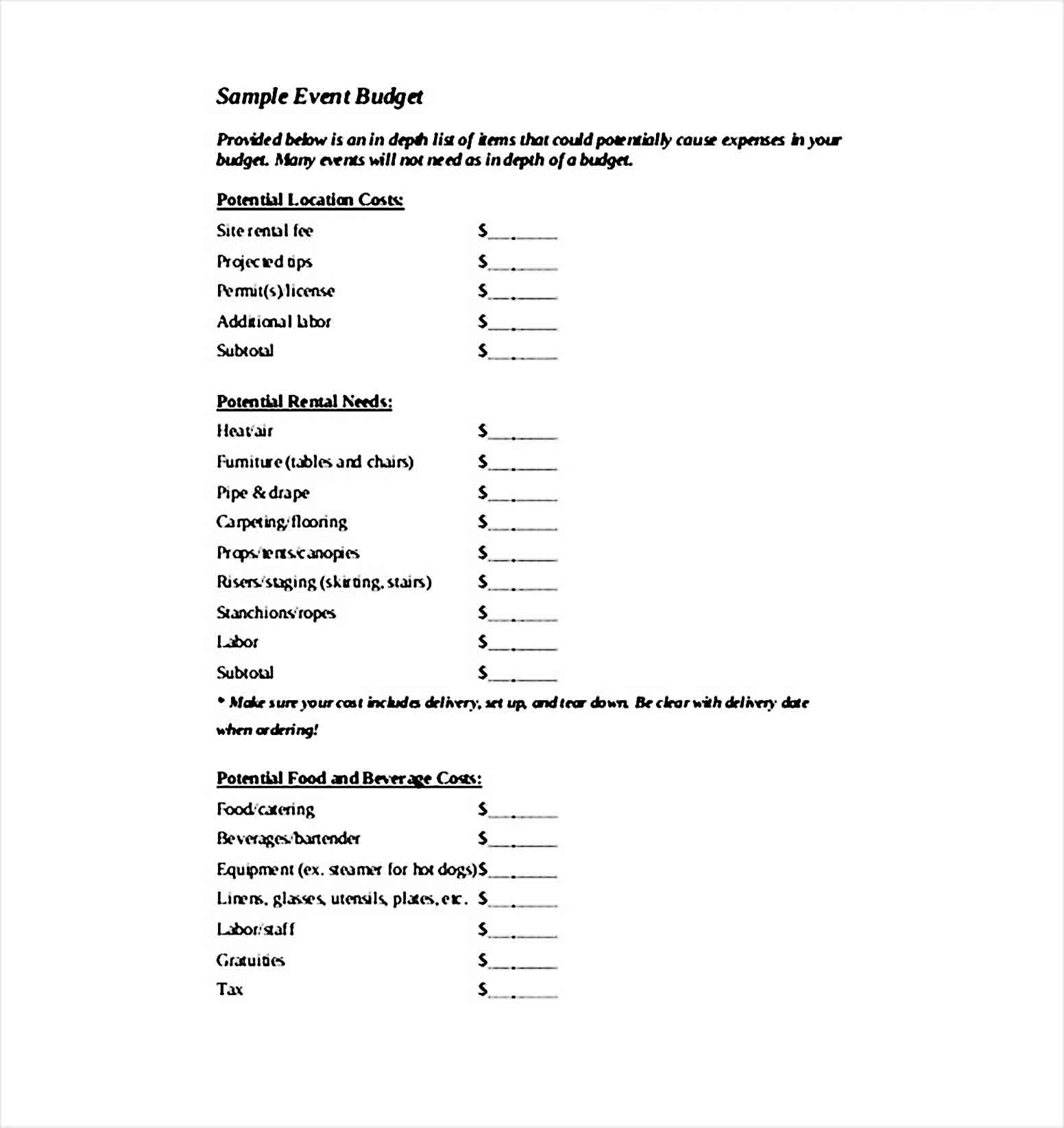 Sample Event Budget Template PDF