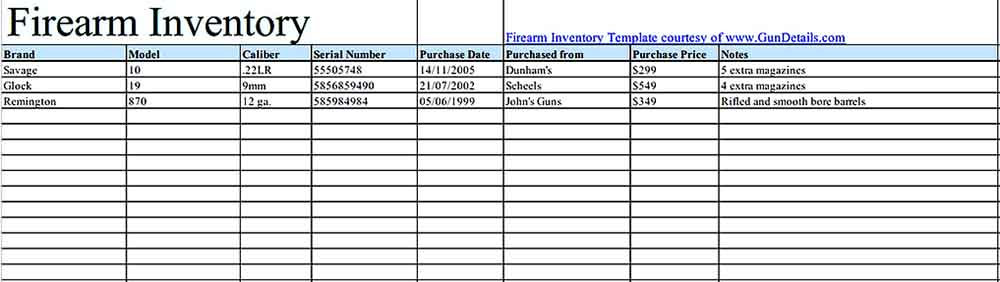 Sample Firearm Inventory List Templates Sample