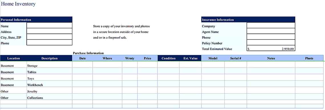 Sample Home Inventory Sheet Download Templates Sample
