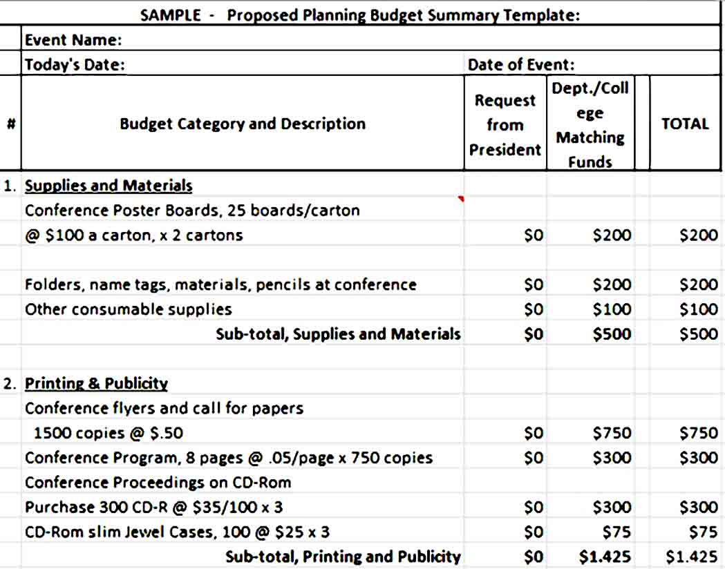 Sample Proposed Budget Planning Summary Template