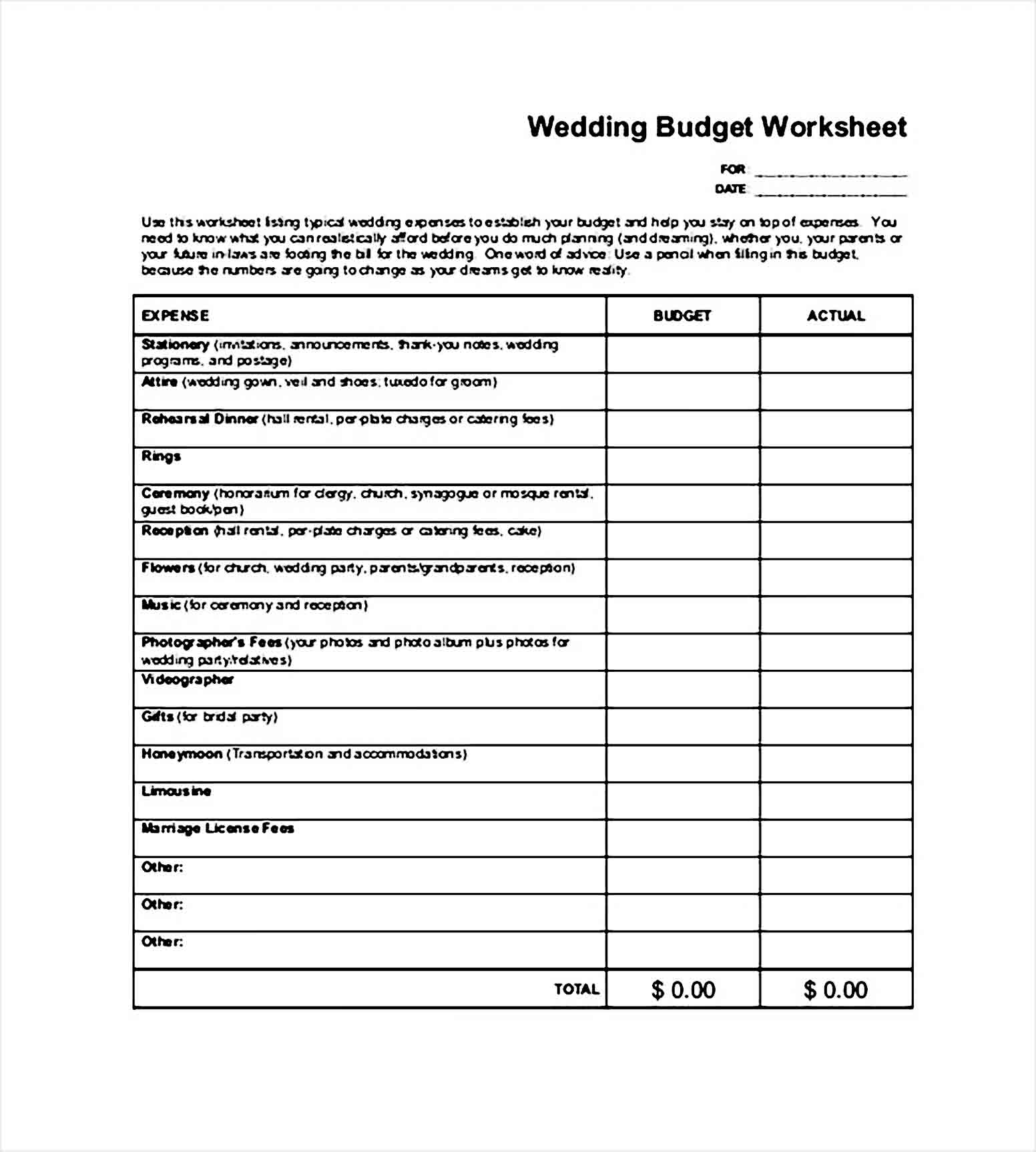 Sample Wedding Worksheet PDF Download