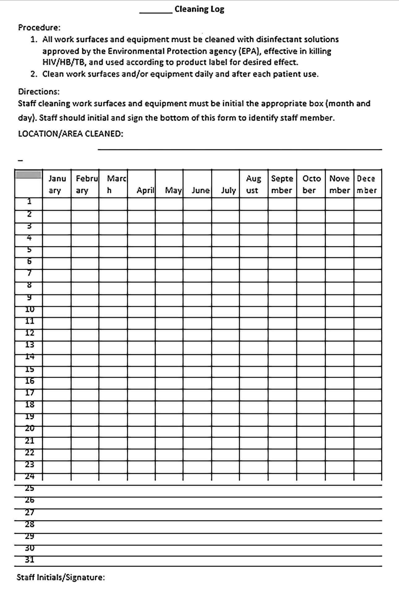 Template Annual Cleaning Log Sample