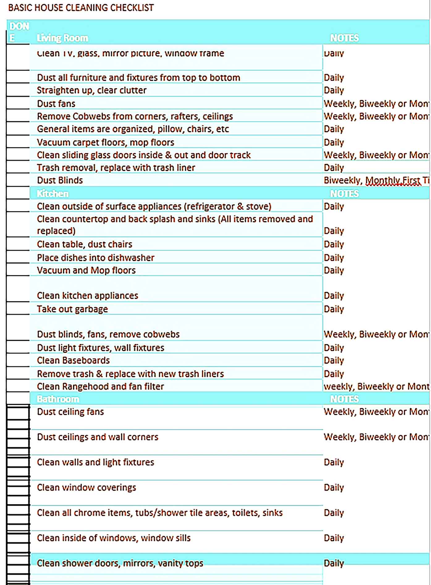 Template Basic House Cleaning Schedule Sample