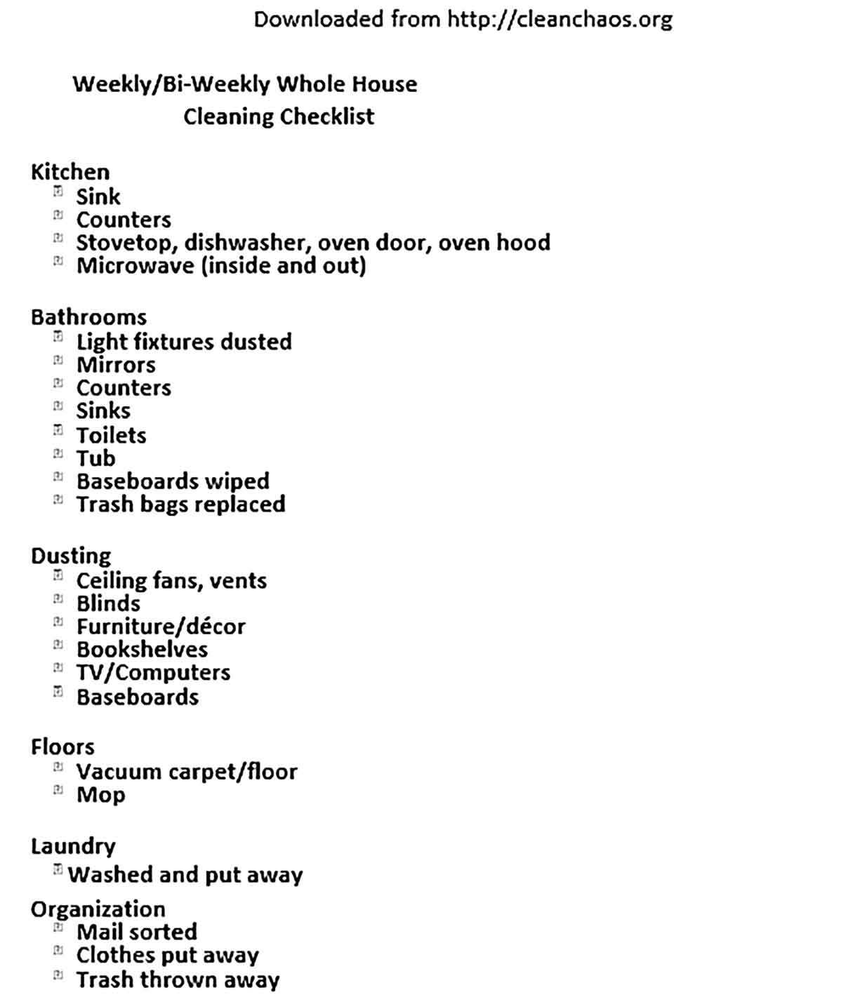 Template Bi Weekly Whole House Cleaning Checklist Sample