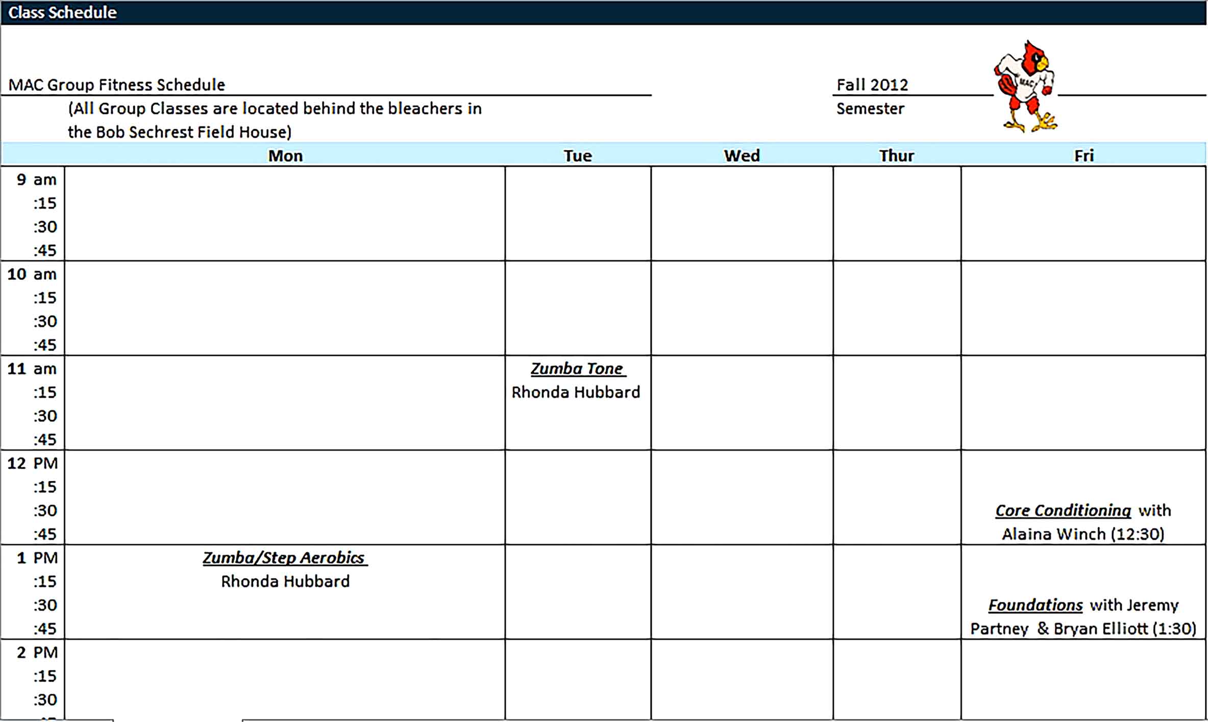 Template Blank Class Schedule Excel Sample