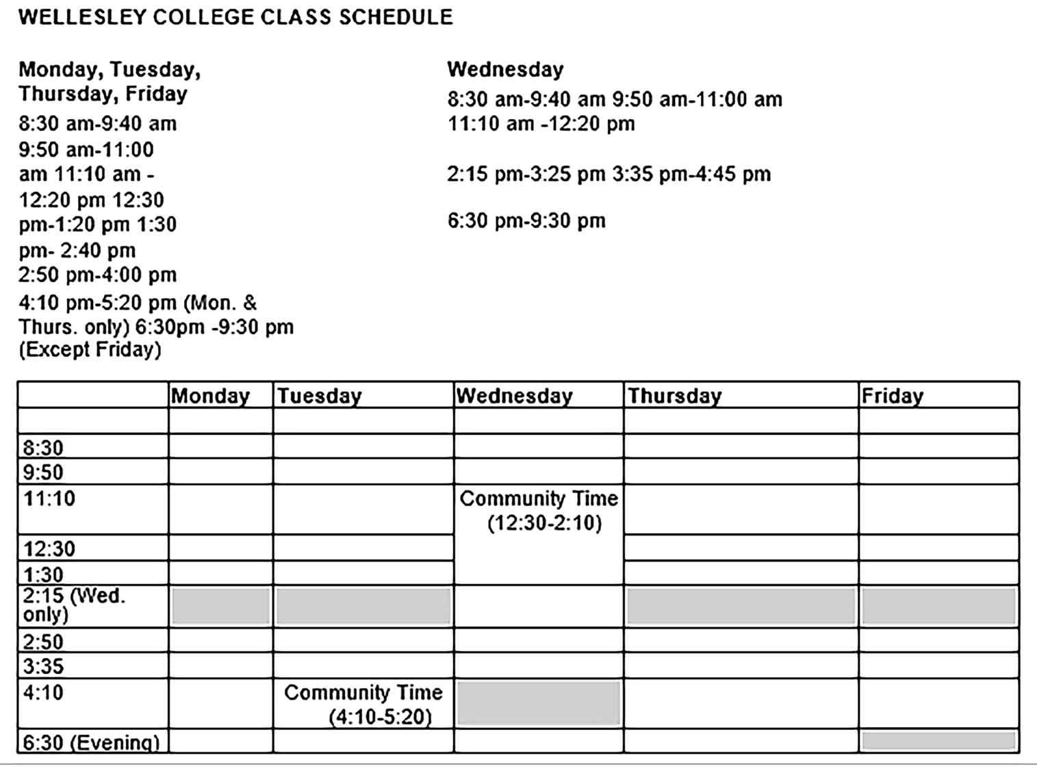 Template College Class Schedule Sample