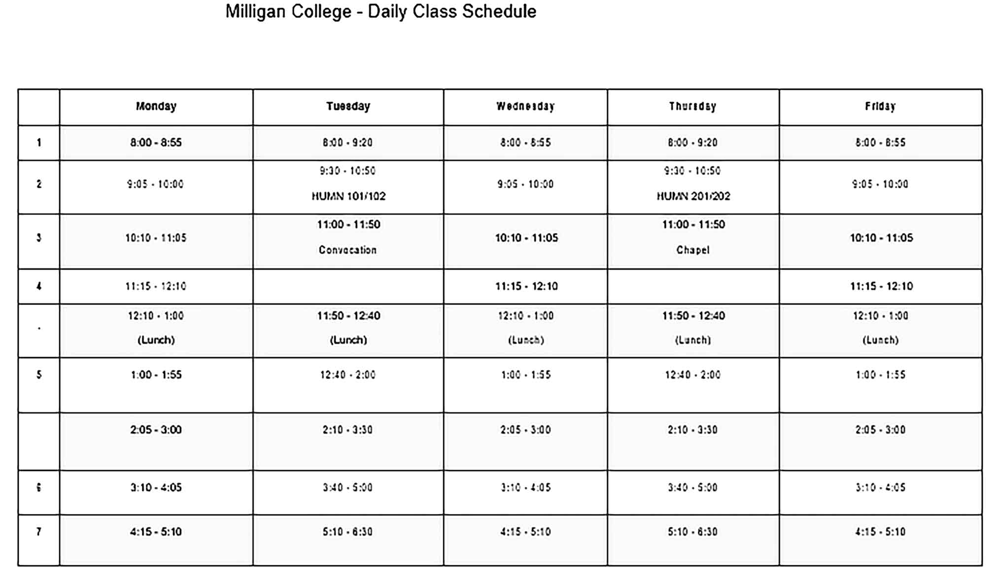 Template College Daily Class Schedule Sample Copy