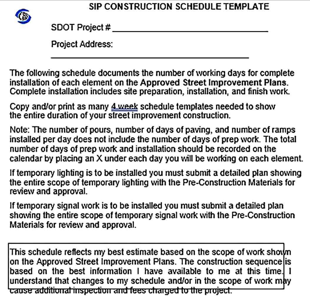 Template Construction Schedule Sample