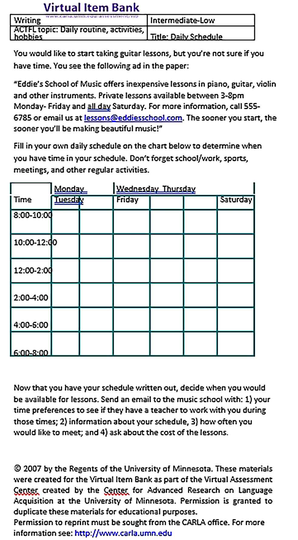 Template Daily Routine Schedule Sample Copy