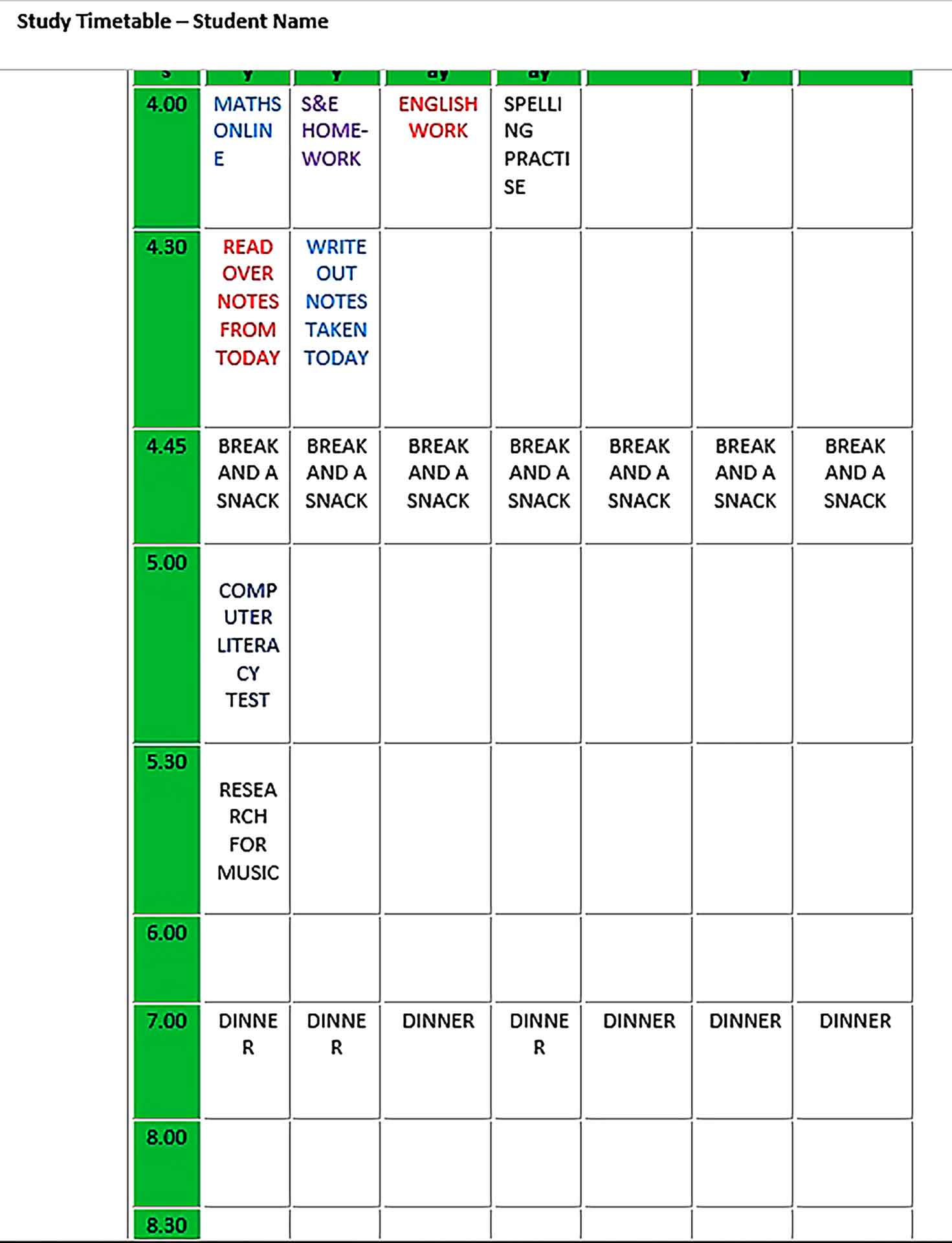 Template Editable Homework Study Timetable Schedule Word Format Sample