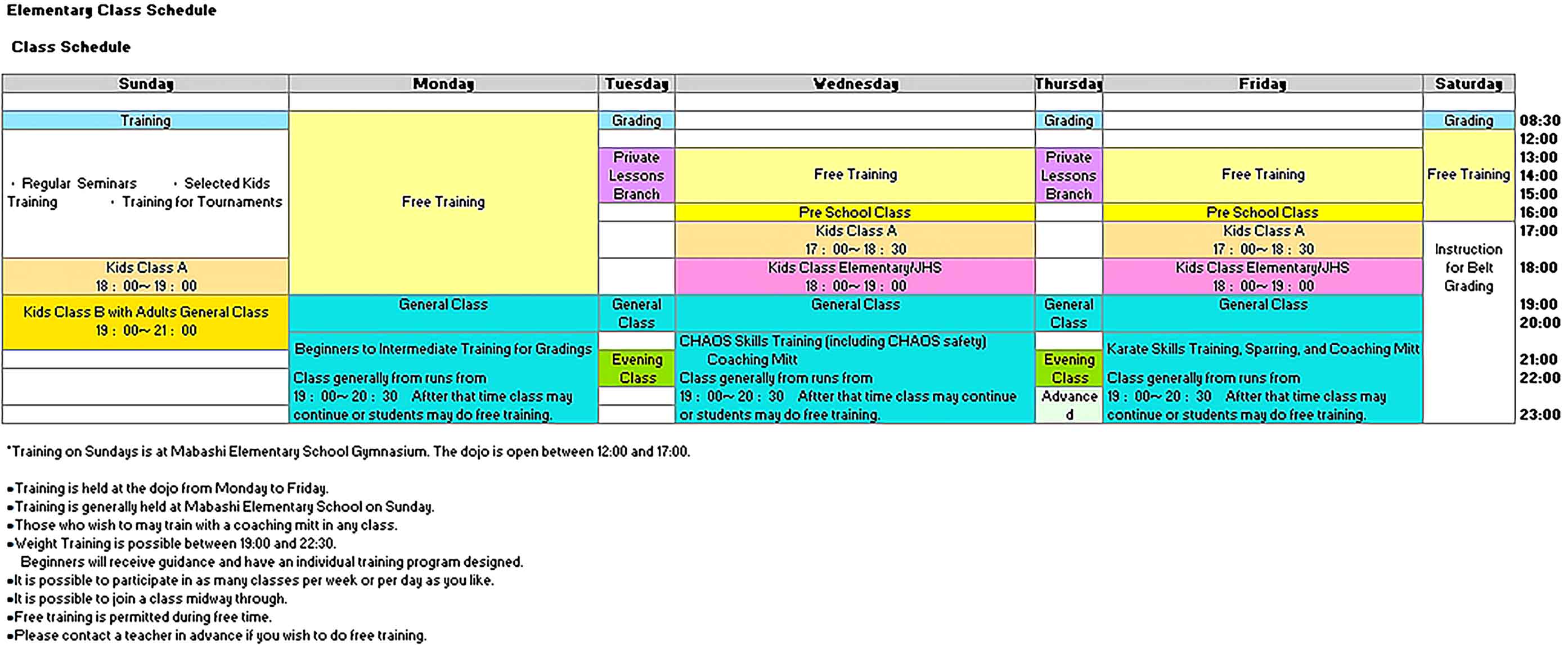 Template Elementary Class Schedule Sample