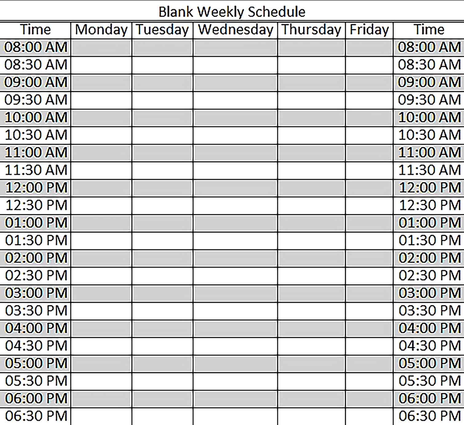 Template Excel Blank Weekly Schedule Sample