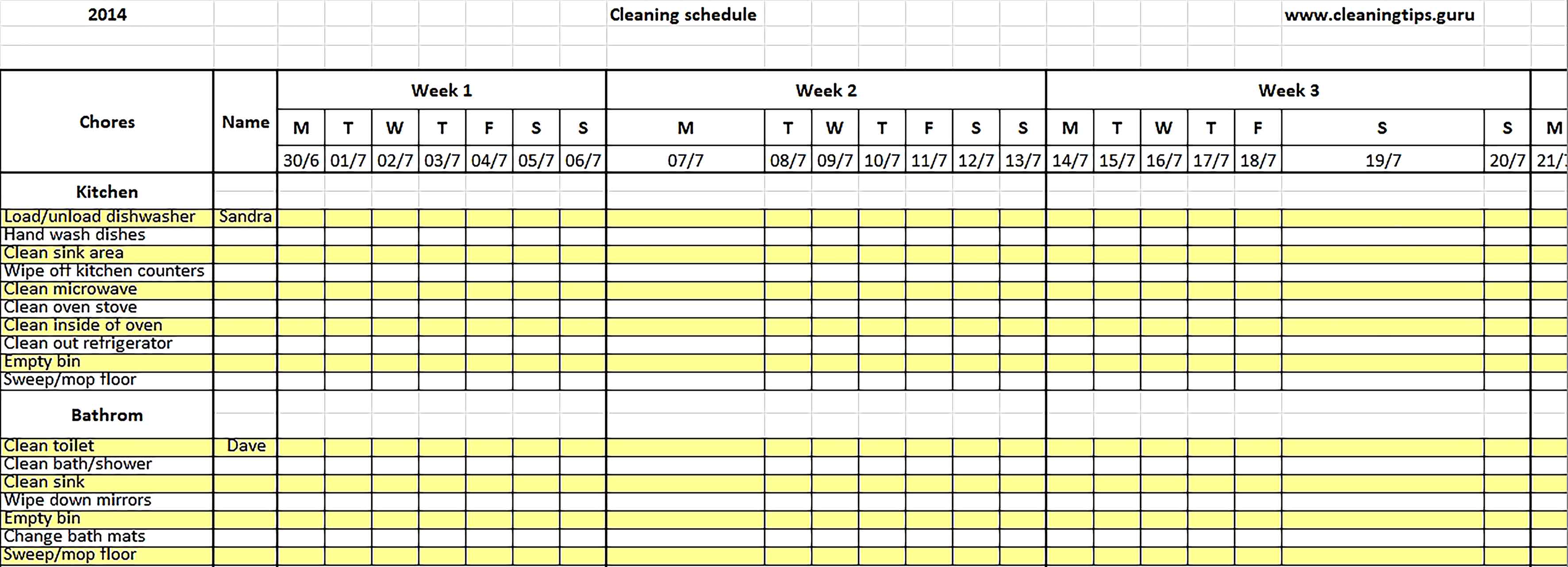 Template Excel Weekly Cleaning Schedule .doc Sample