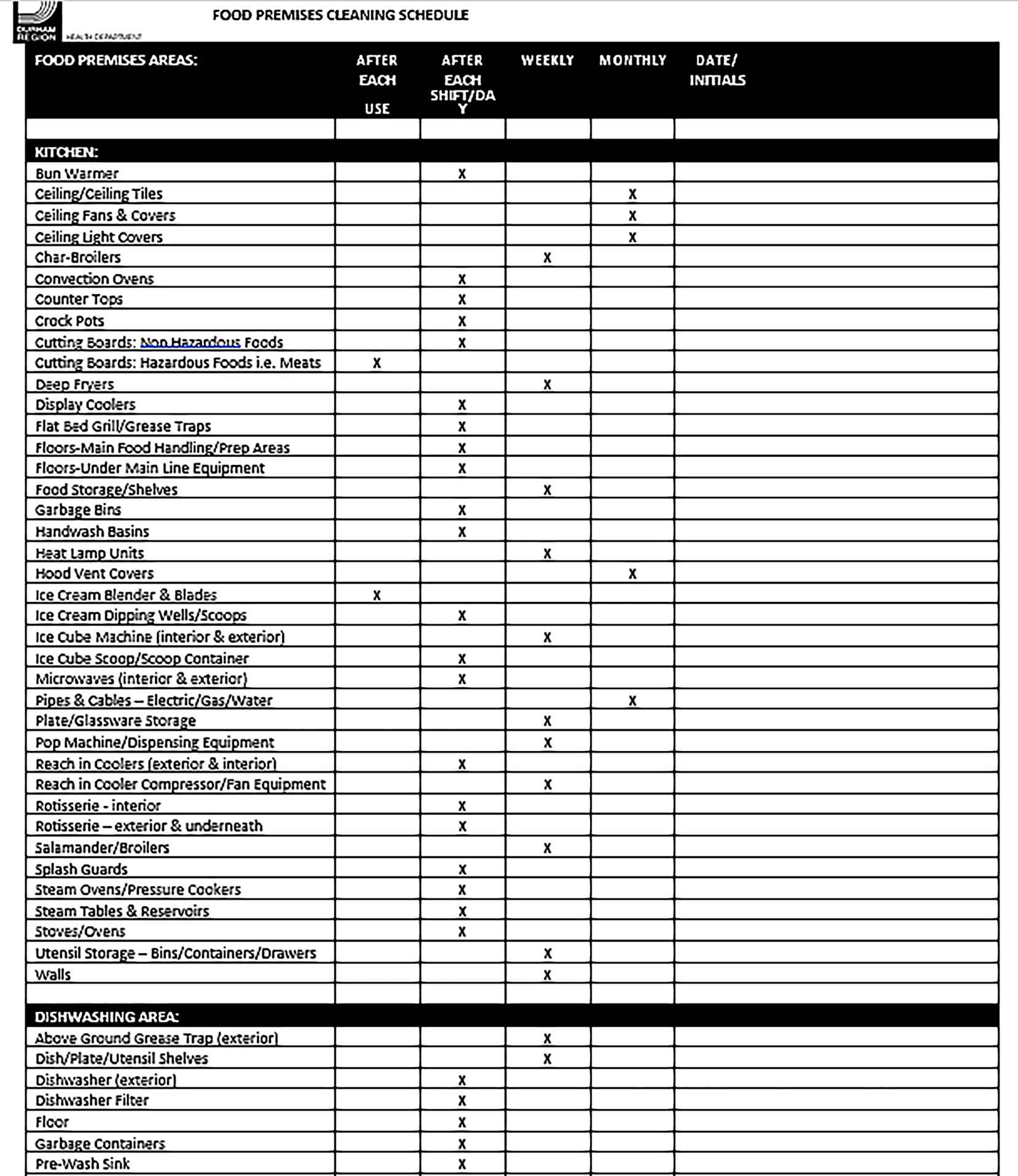 Template Food Premises Cleaning Schedule Format Sample