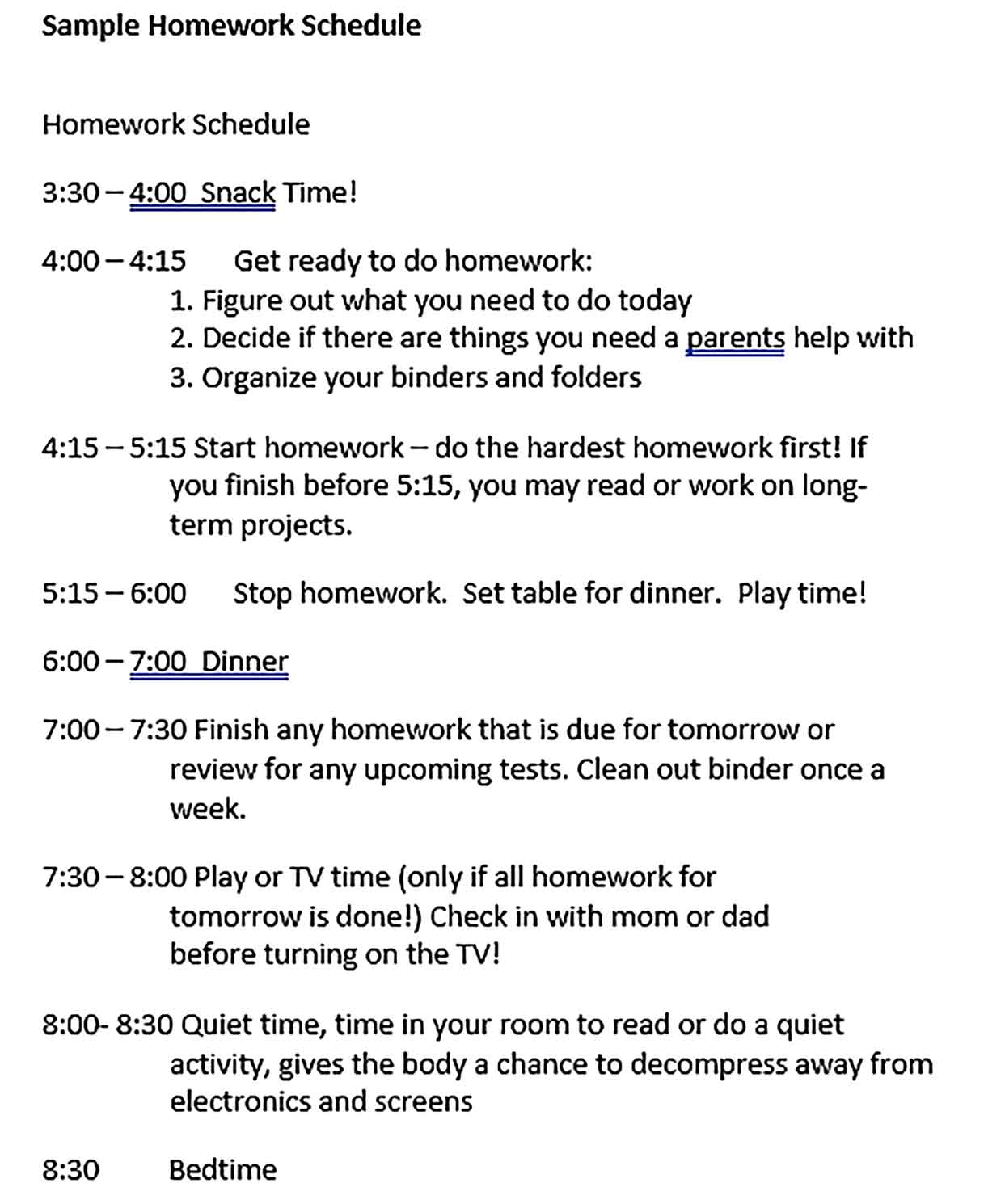 Template Homework Schedule Sample