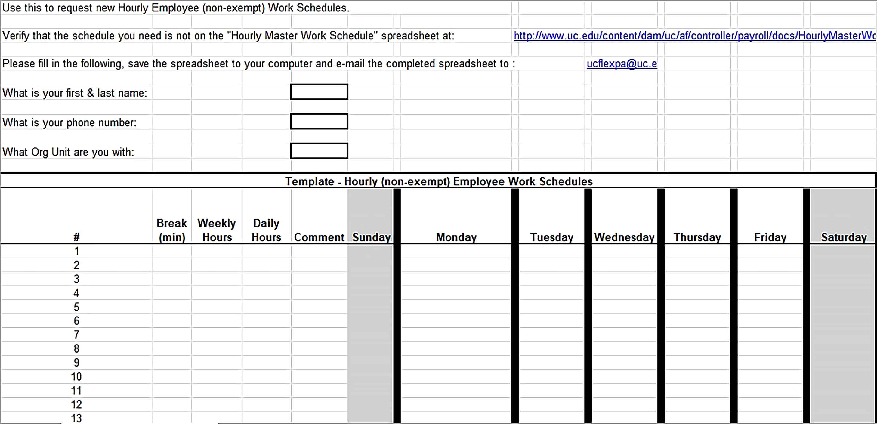 Template Hourly Work Schedules Request in Excel Format Sample