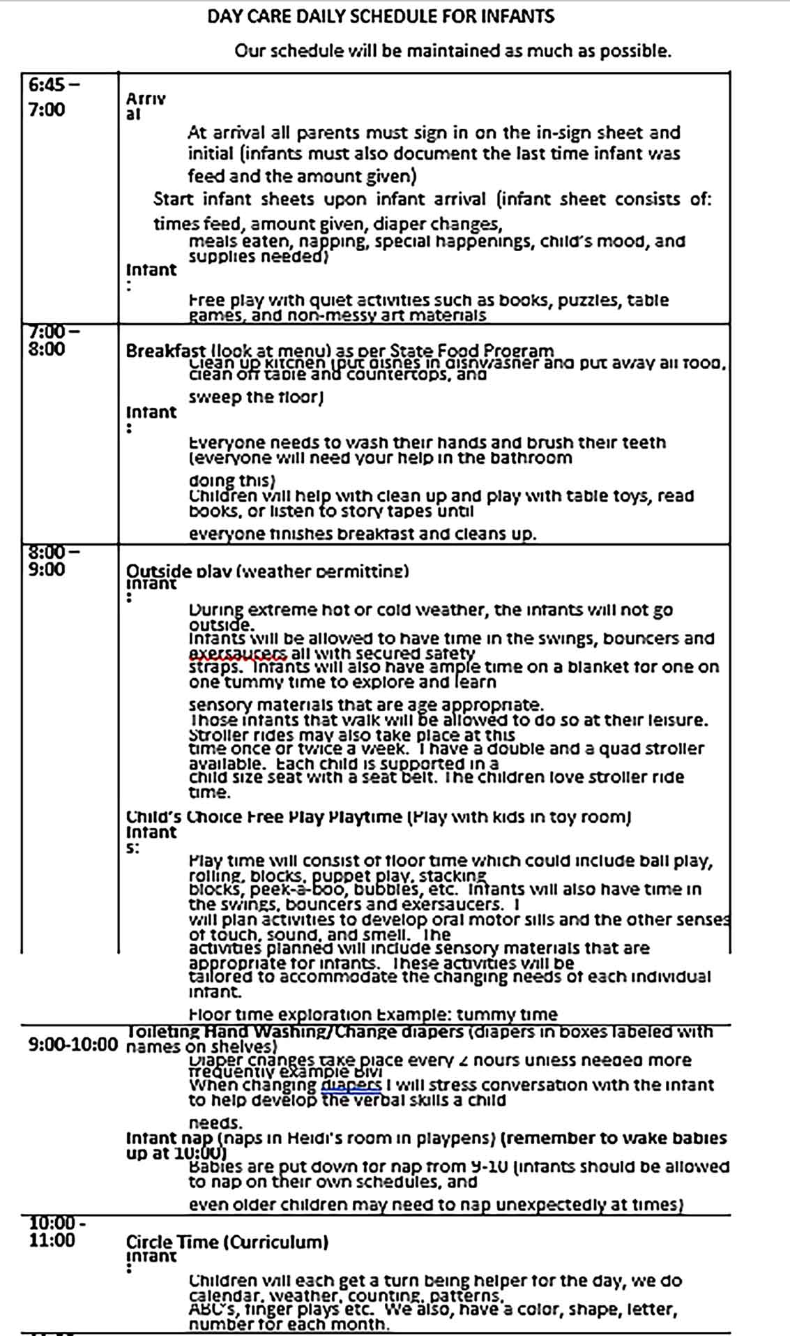 Template Infant Feeding Daily Schedule Sample