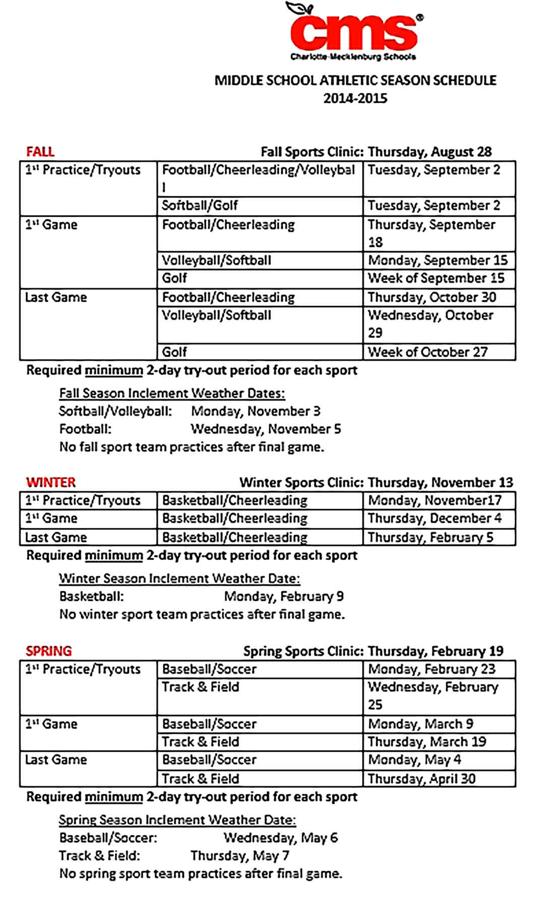 Template Middle School Sport Season Schedule Sample