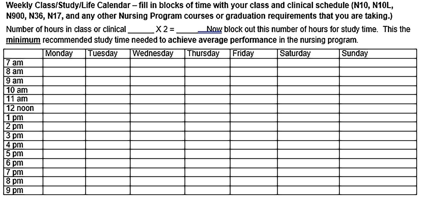Template Monthly Nursing College Class Schedule Sample