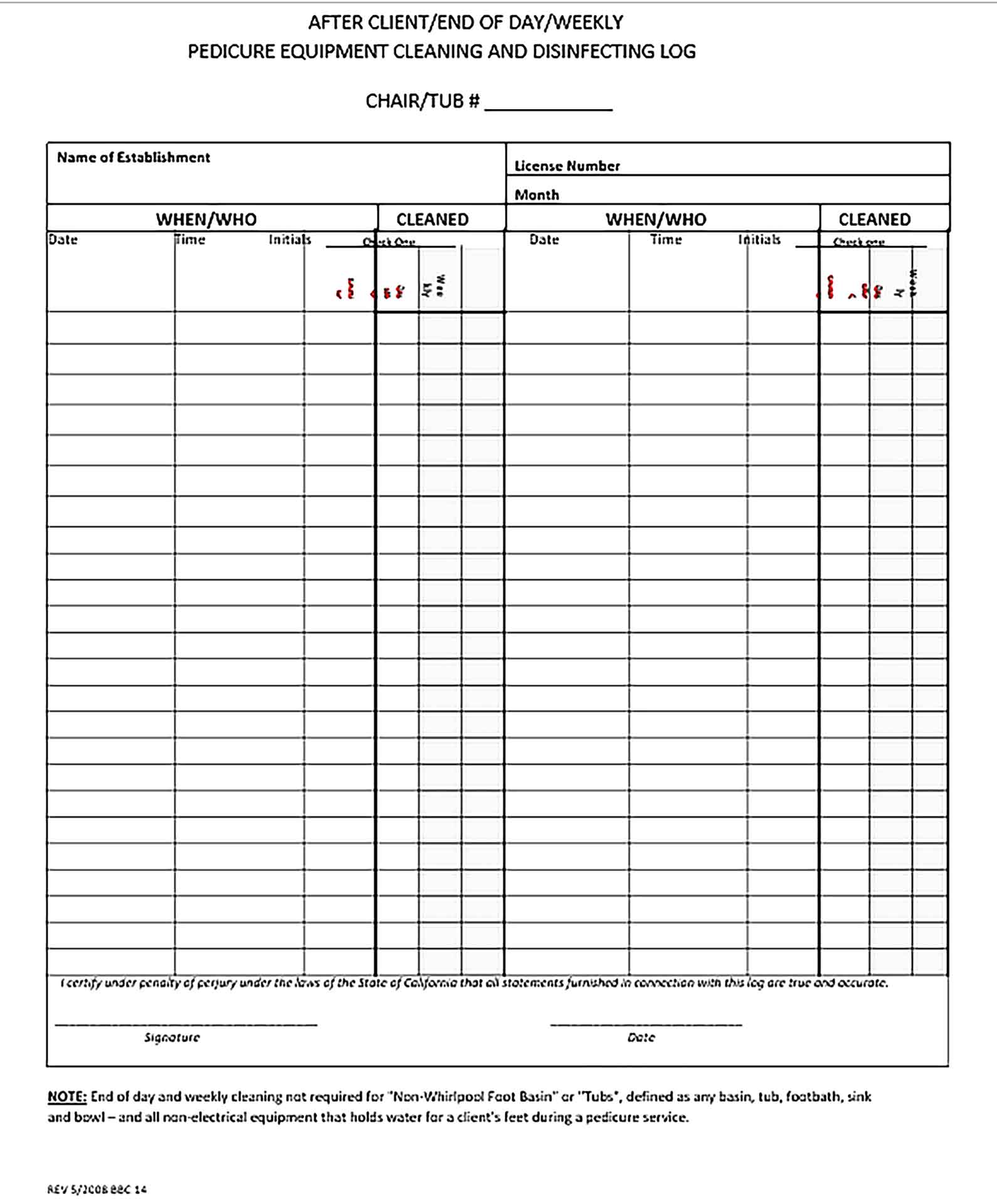 Template Pedicure Equipment Cleaning Log Sample