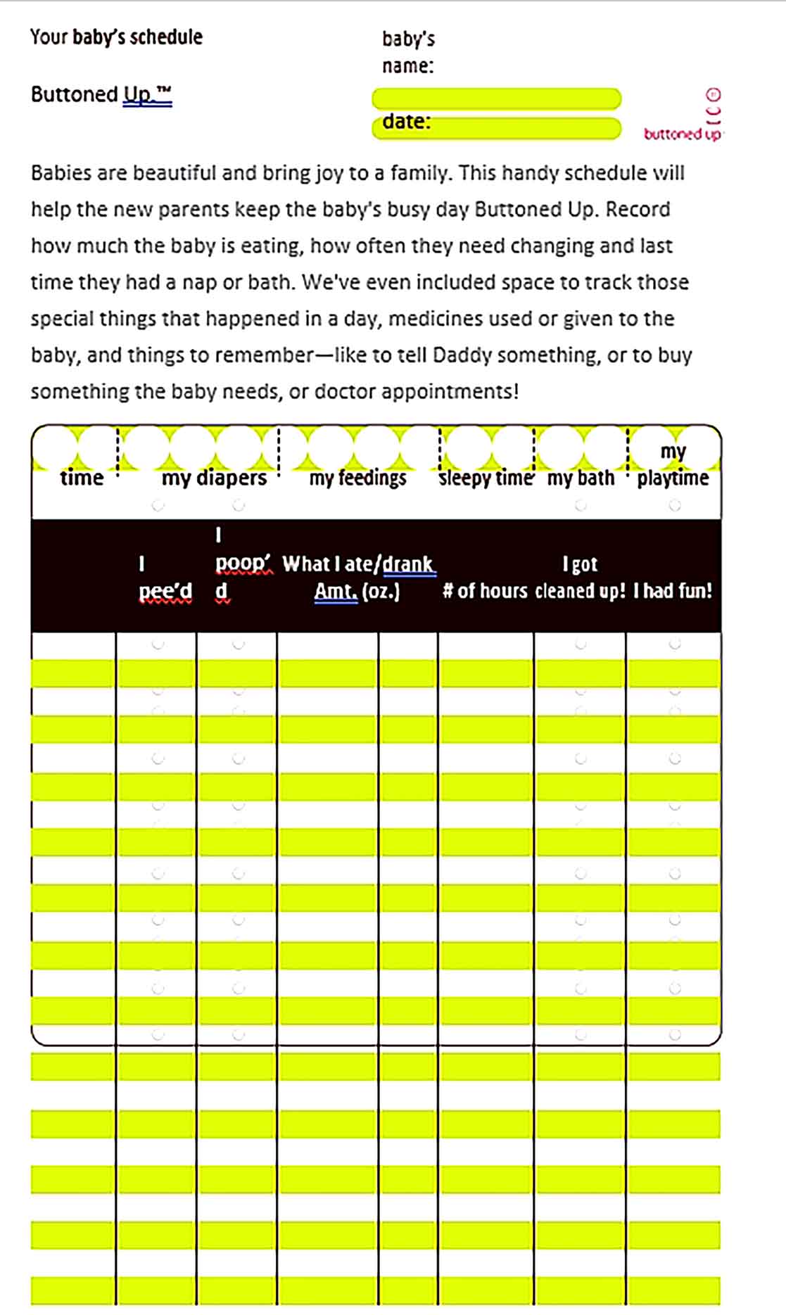 Template Printable Baby Schedule Form Sample