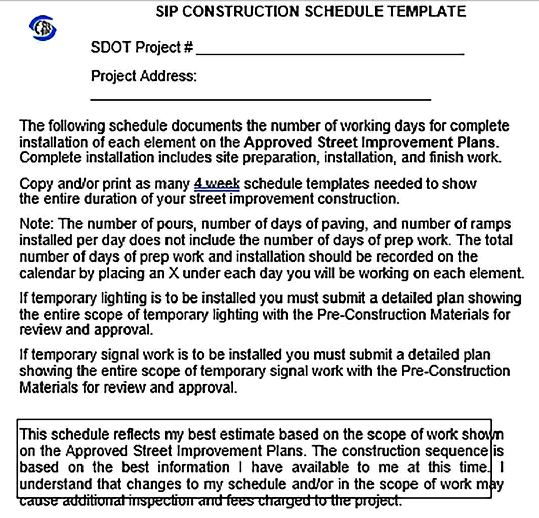 Template SIP Construction Schedule Format Sample