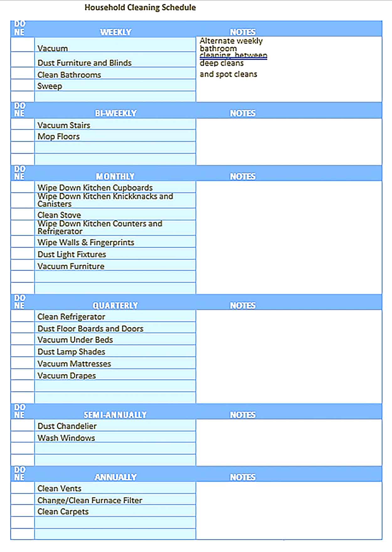 Template Weekly House Cleaning Schedule Sample