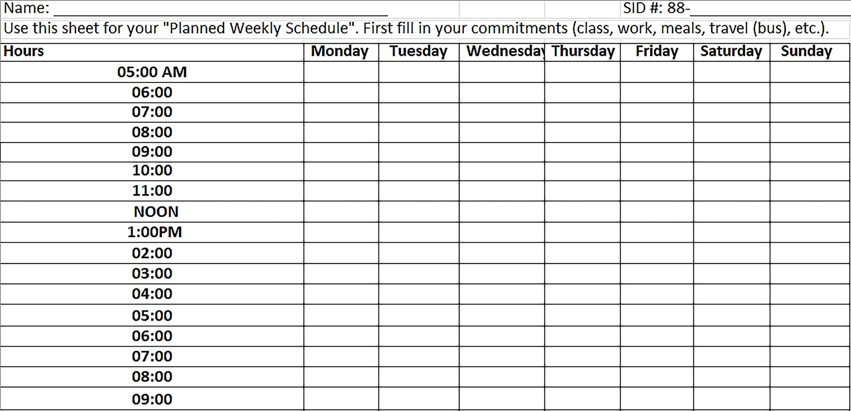 Template Weekly Planned Schedule Excel Sample
