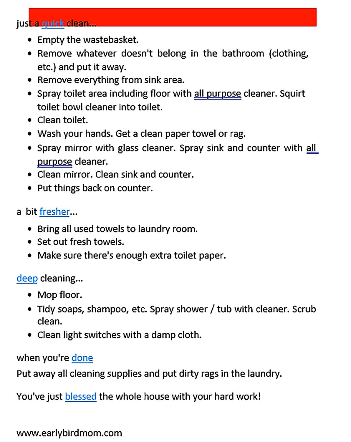Template kids Bathroom Cleaning Schedule Sample
