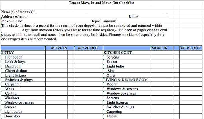 Tenant Moving Inventory CheckLIst Download Templates Sample
